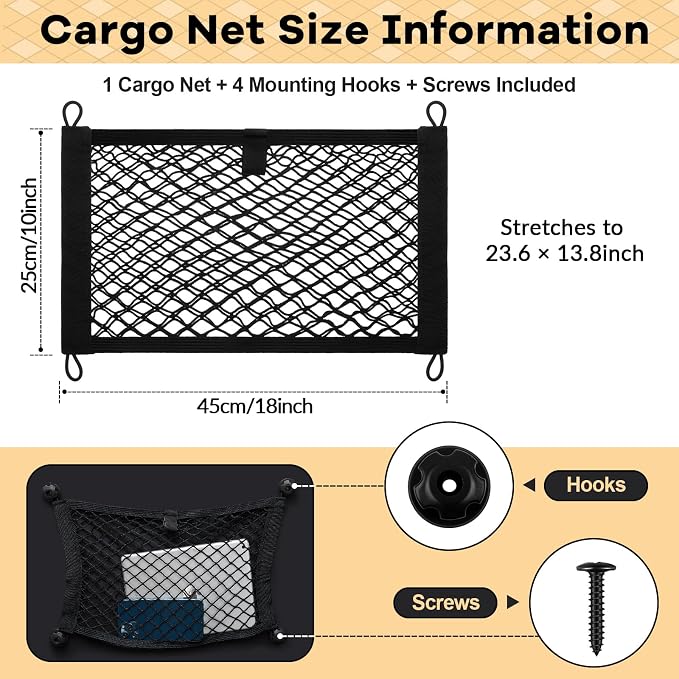Frienda 2 Pcs 17.7 x 9.8 Inches Stretchable Small Cargo Net Pocket Boat Storage Mesh Net Elastic Automotive Storage Pouch with Mounting Screws and Hooks for Truck Car SUV Boats