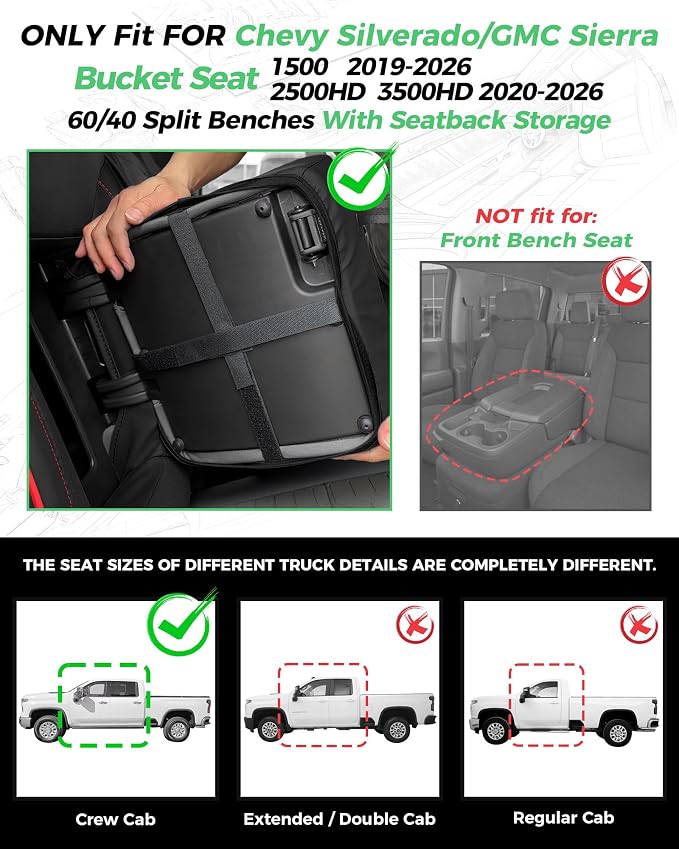 Custom Fit Seat Covers for 2019-2026 Sierra/Silverado 1500 CrewCab | Fits 2500/3500HD 2020-2026, with Rear Armrest/Seatback Storage, Faux leather, Waterproof, Scratch-resistant, Easy-clean