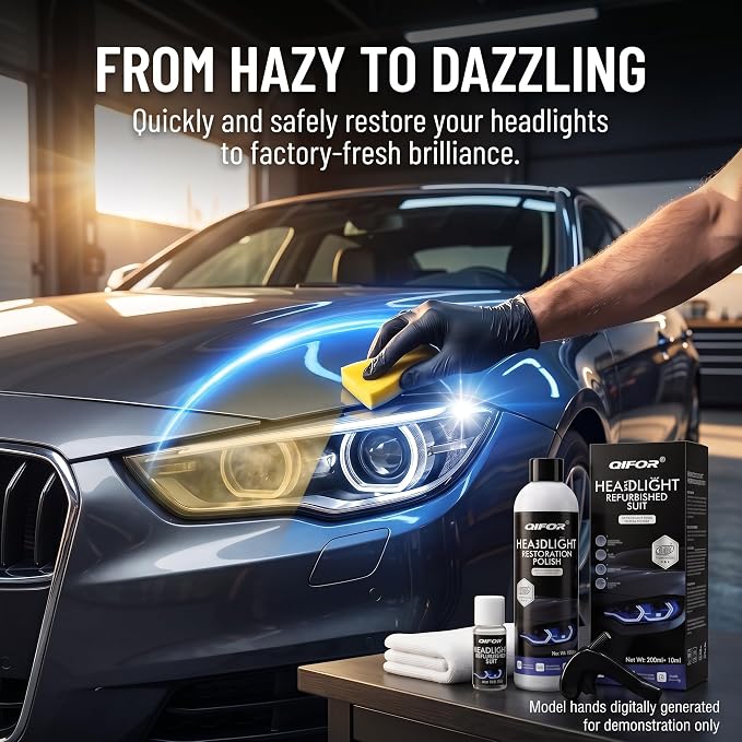 QIFOR Automotive Headlight Restoration Kit - Restore Oxidized Yellowed Headlamps with Enhanced Crystalline Coating Refurbisher - Improve Night Visibility, Anti-UV & Anti-Yellowing