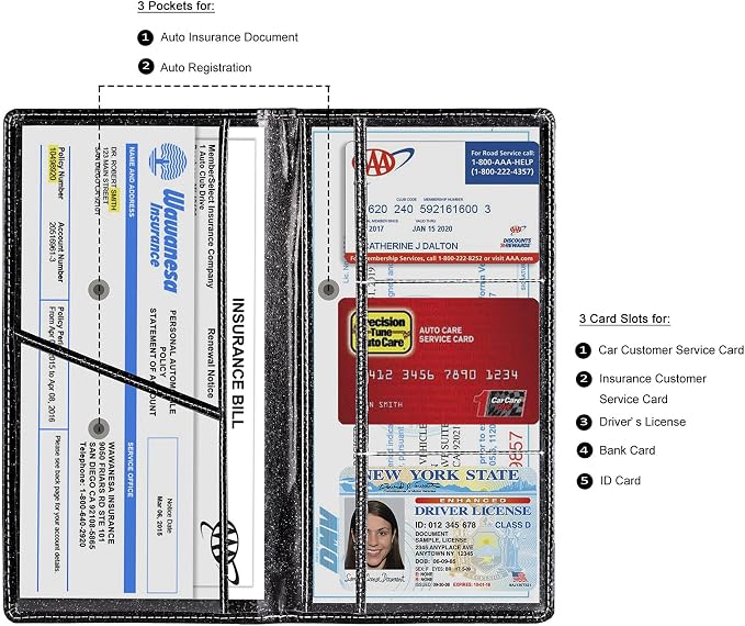 TOURSUIT Car Registration & Insurance Card Holder, Glitter Black | Vehicle License Document Organizer, Glove Box Compartment, Interior Car Accessories, For Women Men