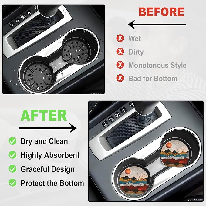 2 Pack Car Coasters for Cup Holders, 2.56" Universal Absorbent Ceramic Stone Car Cup Holder Coasters with Non-Slip Cork Base, Car Interior Accessories for Women Men(Mountains Nature Scenery)