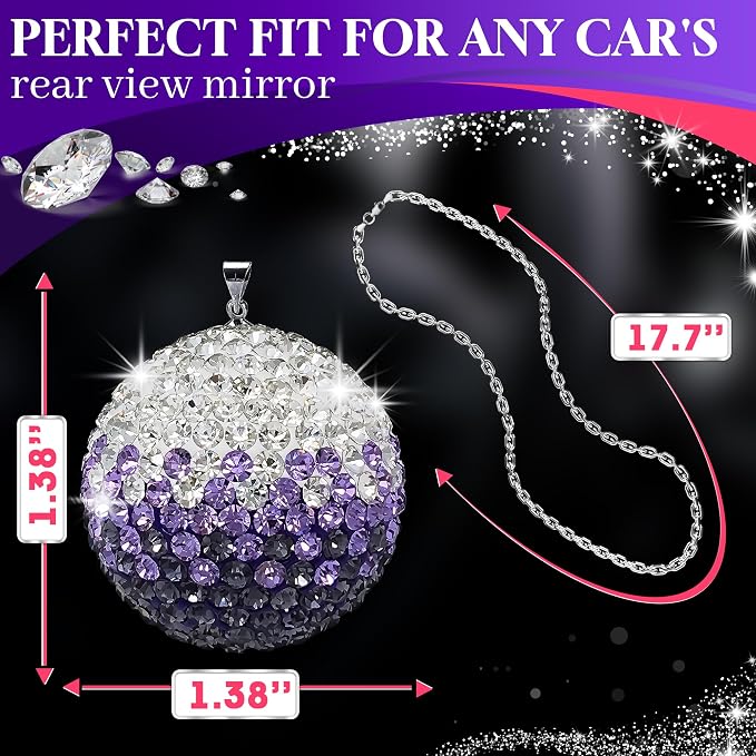 Bling Car Accessories - Elegant 1.37" Crystal Ball Rear View Mirror Charm with Hand-Set Sparkling Rhinestone and 17.7" Long Chain - Bling Rear View Mirror Accessories, Сrystal Сar Hanging Ornament
