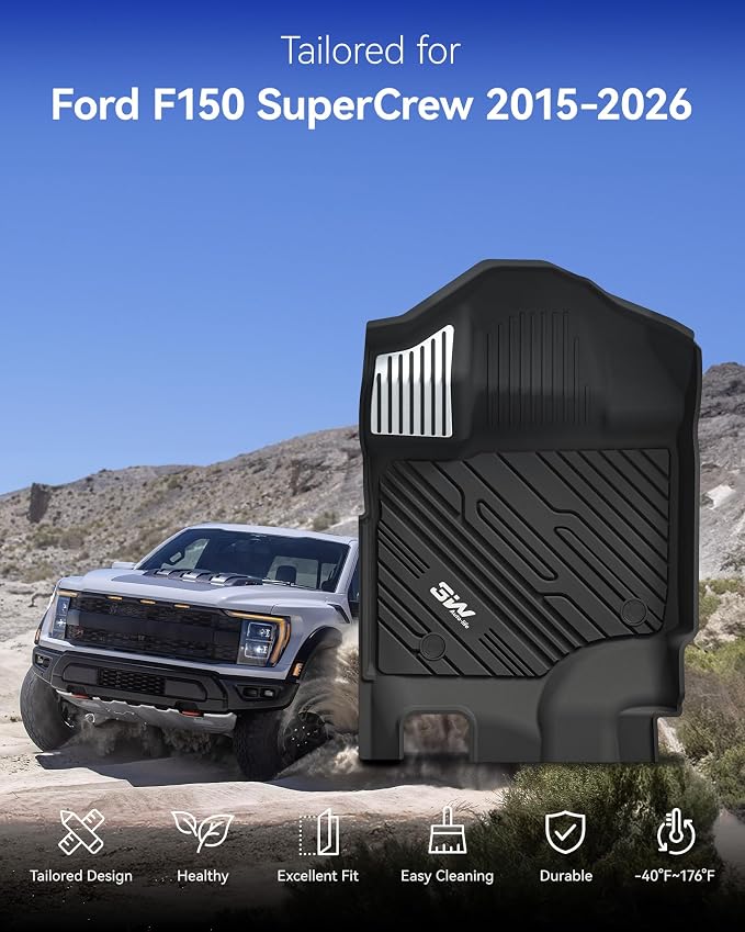 3W Floor Mats (with Metal Pedals) & Box Mat Fit for Ford F-150 2015-2026 & F150 Lightning 2022-2025 SuperCrew, TPE All Weather Car Mats Custom Fit Accessories