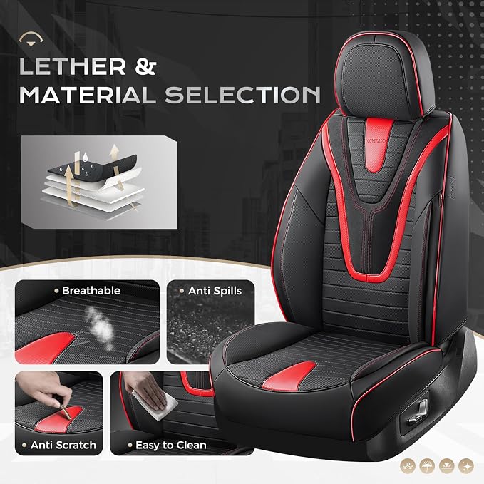 Coverado Car Seat Covers Front Seats, 2 Pack Waterproof Leather Front Seat Covers, Universal Fit for Cars SUVs Sedans,Black Redline