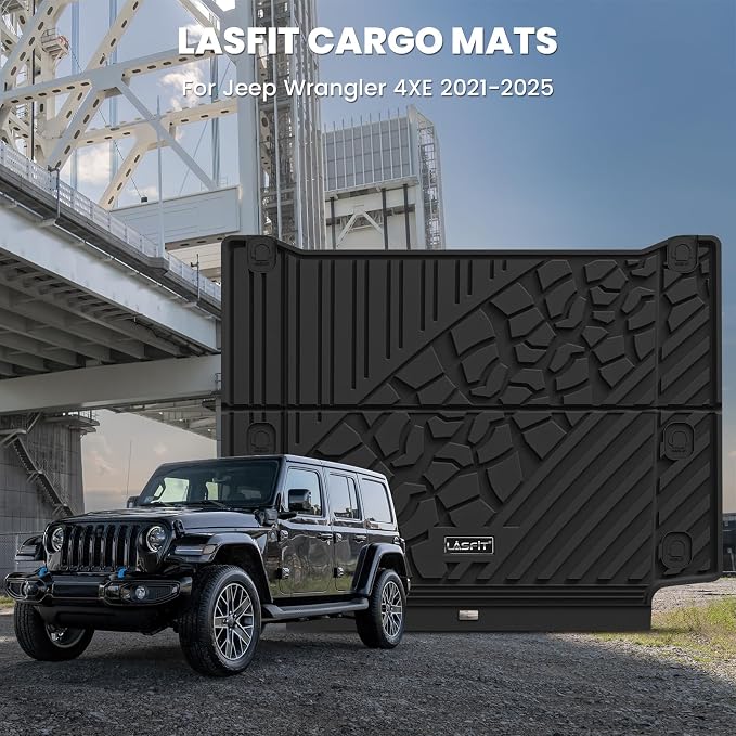 LASFIT Cargo Mat for Jeep Wrangler 4XE 2021-2025 4 Doors with Subwoofer | Plug-in Hybrid EV-Gas (PHEV), All Weather, TPE, Custom Fit, Trunk Mat, Cargo Liner, Black