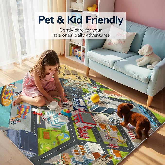 Nayoroom Kids Harbor City Road Rug, Faux Wool Car Map, Non-Slip, 5 x 7 ft | Harbor city road map; Waterfront scenes; Soft faux wool surface; Non-slip backing; Easy-care room accent
