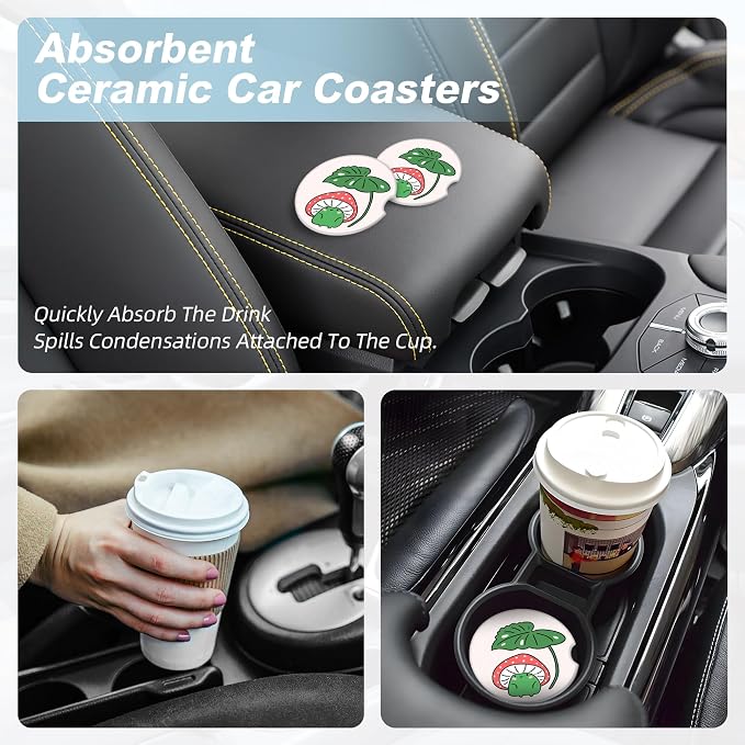 Cartoon Mushroom Frog Car Coasters for Cup Holders,2 Pack Car Cup Holder Coasters for Car,Ceramic Absorbent Car Coaster with A Finger Notch and Cork Base,Car Interior Accessories for Women Men