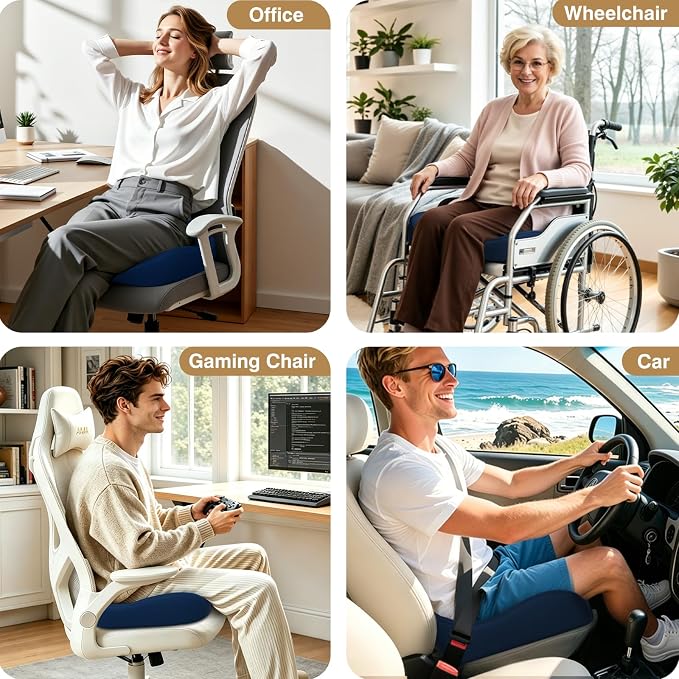 TushGuard Ergonomic Seat Cushion with Coccyx Cutout - 4-Zone Structure Office Chair Cushions for Tailbone Pressure Relief, Non-Slip Chair Pad with Washable Cover for Car, Office, Wheelchair, Blue