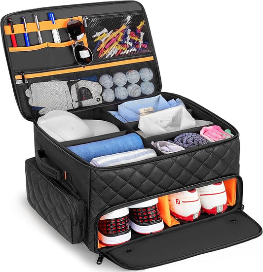 PGmoon 2 Layer Golf Trunk Organizer, Golf Car Storage Organizer,Black | Individual Ventilated Compartment for 2 Pairs Shoes, Golf Car Locker for Balls, Clothes, Tees, Gloves, Accessories (Black)