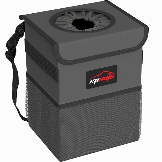 EPAuto Waterproof Car Trash Can with Lid and Pockets, 2.5 Gal, Dark Gray | Leakproof, Collapsible Multipurpose Car Bin with 3 Side Storage Pockets, Adjustable Straps