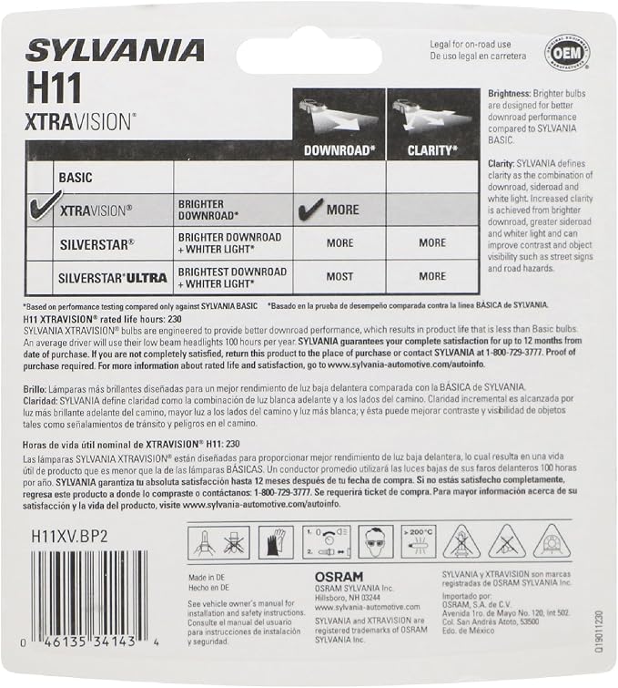 SYLVANIA - H11 XtraVision - High Performance Halogen Headlight Bulb, High Beam, Low Beam and Fog Replacement Bulb (Contains 2 Bulbs)