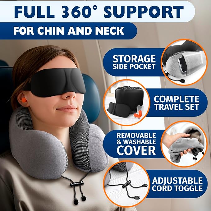 100% Memory Foam Plane Neck Pillow for Long Flights with Adjustable Button Closure – 4-in-1 Set with 3D Eye Mask, Earplugs & Washable Cotton Cover – Airplane Pillow Neck Support for Car & Train (Gray)
