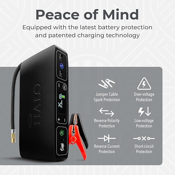 HALO Bolt Air 58830 Portable Car Battery Jump Starter | 100 PSI Air Compressor, 58.8Wh USB Power Bank, Emergency Floodlight & Charger, Jumps Cars SUVs & Trucks, Inflates Tires, TSA Approved — Black