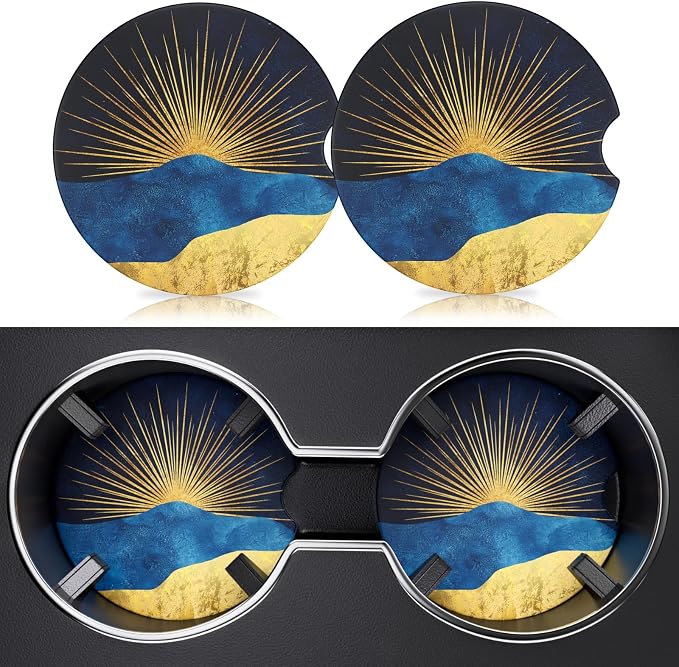 2 Pack Car Cup Holder Coaster, 2.63 inch Anti Slip Insert Absorbent Ceramic Car Coaster with Cork Base and Finger Notch, Cute Car Accessories Interior for Women, Cute Car Coasters., Rays