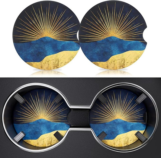 2 Pack Car Cup Holder Coaster, 2.63 inch Anti Slip Insert Absorbent Ceramic Car Coaster with Cork Base and Finger Notch, Cute Car Accessories Interior for Women, Cute Car Coasters., Rays