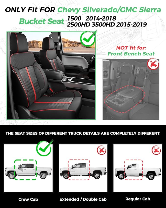 for Chevy Silverado & GMC Sierra Leather Seat Covers Crew Cab 1500 2014-2018, 2500HD 3500HD 2015-2019, Custom Seat Cover Full Set, Pickup Protectors Accessories, Black Red(W/O Rear Cupholder)