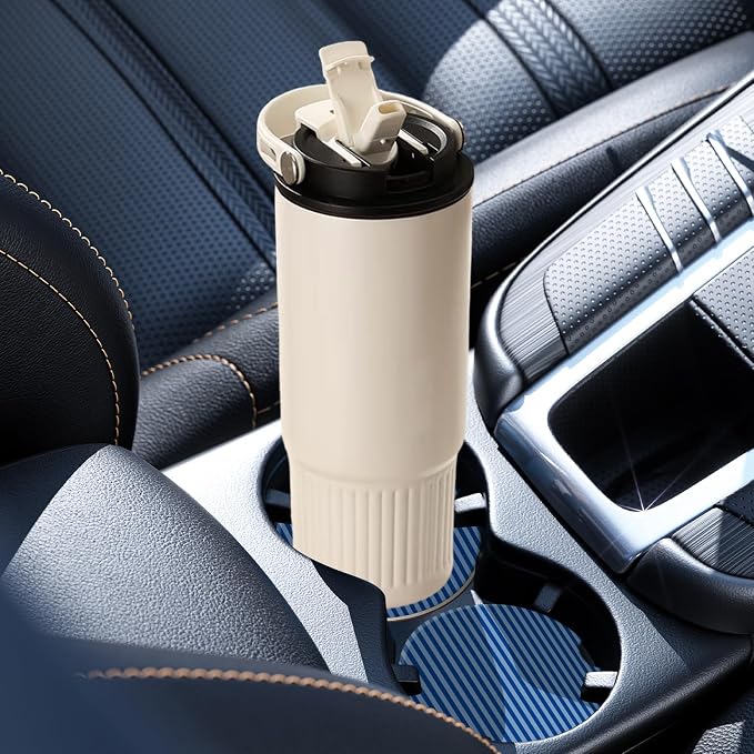 2 Pack Car Coasters for Cup Holders, Absorbent Ceramic Cup Coaster with Cork Base and Finger Notch, Cute Car Accessories Interior for Women Men (Blue Stripes)