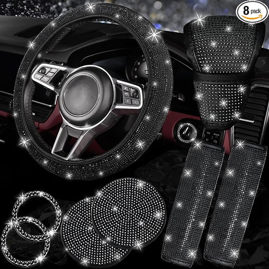 NBTEPEM 8 pcs Bling Car Accessories Set for Women, Steering Wheel Cover, Sparkly Seat Belt Covers, Bling Gear Shift Cover, Universal Fit Most Cars (Black Diamond)
