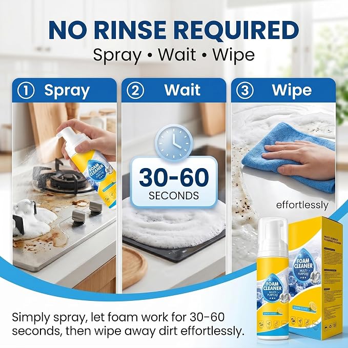 Foam Cleaner, 4-in-1 Multi-Enzyme Foam Cleaners, New Foam No-Rinse Cleaner,Multifunctional Foam-Cleaner Deep Cleaning Spray for Car Interior Leather Car Seat Cleaner, Kitchen Grease, Sofa Upholstery