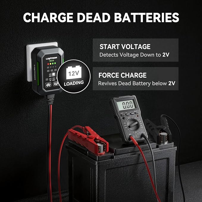 LOKITHOR BC2 Car Battery Charger 2A/1A/750mA Adjustable Currents, 6V/12V Automatic Battery Maintainer, Trickle Charger & Desulfator with Overcharge Protection, Double Pulse Repair, Forced Charging