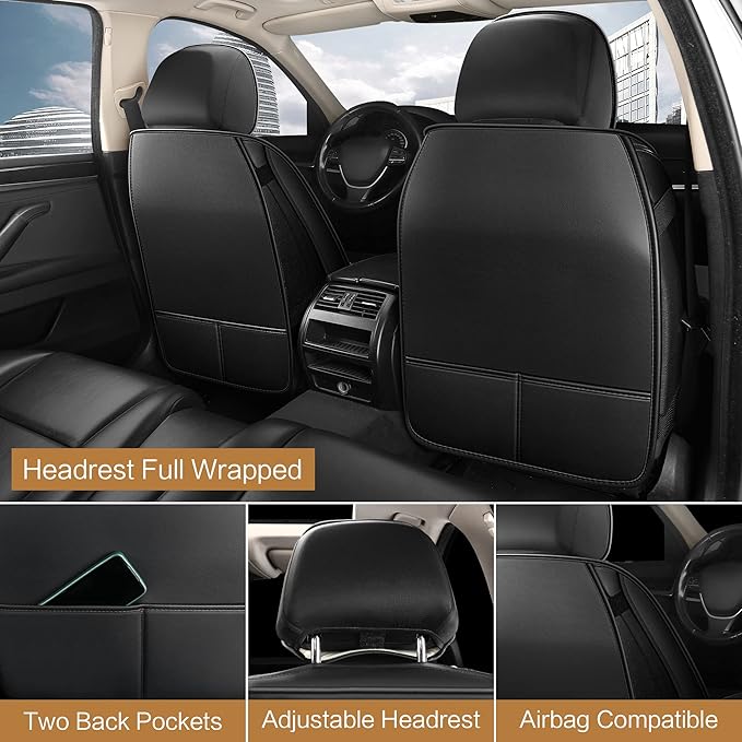 Pariitadin Leather Car Seat Covers Front Pair, Waterproof Faux Leather Seat Covers for Cars, Non-Slip Car Interior Covers Universal Fit for Most Cars Sedans Trucks SUVs, Black/Red Line