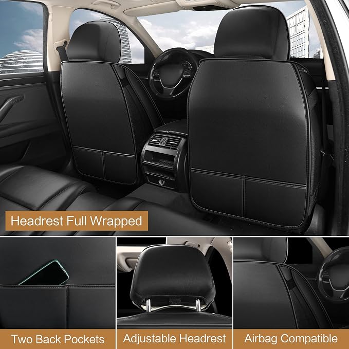 Pariitadin Leather Car Seat Covers Full Set, Waterproof Faux Leather Seat Covers for Cars, Non-Slip Car Interior Covers Universal Fit for Most Cars Sedans Trucks SUVs, Black Line