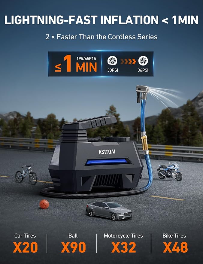 AstroAI AIRUN H Tire Inflator Portable Air Compressor,Fast Inflation Electric Air Pump for Car Tires-Car Accessories,9.8Ft Cord-12VDC-Powered Auto Shut-Off with Digital Pressure Gauge,LED Light,Blue