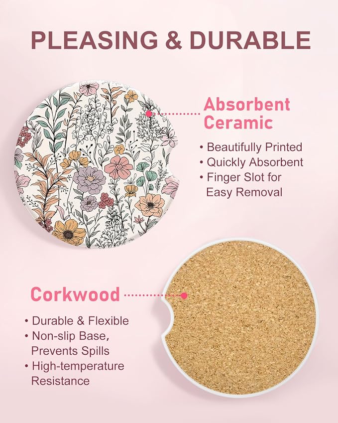 Swooflia Floral Absorbent Ceramic Car Coasters Set of 2, Cute Botanical Wildflower Cup Holder Coasters for Car, Pink Purple Floral Car Accessories for Women, Unique Gifts for Mom, Friends, Coworkers