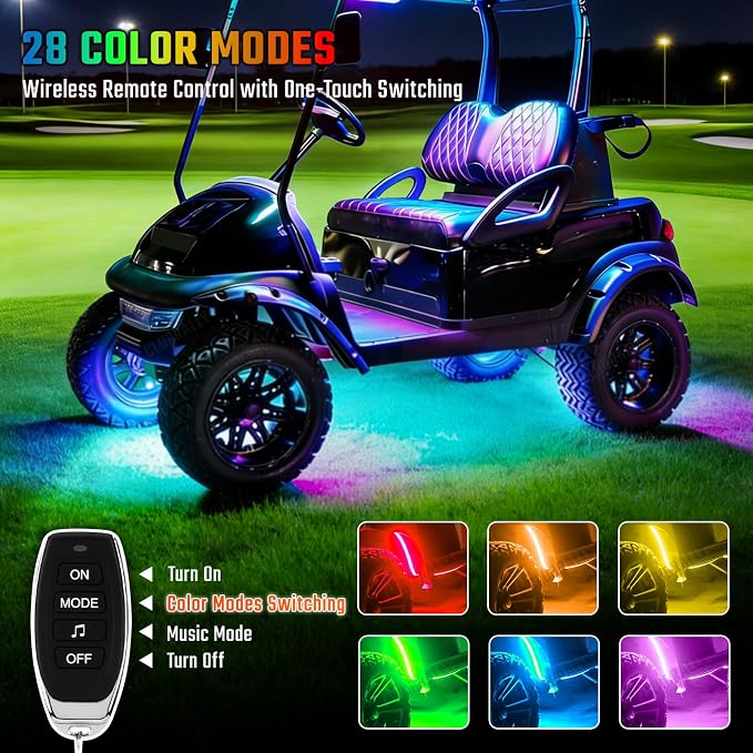 CLUBRALLY Golf Cart Underglow LED Light Strip Kit, 28 Modes Neon Underbody Glow, 12-85V, Music Sync, Wireless Remote Control, Universal for All Golf Carts, EZGO, Club Car, Yamaha, 4 Pack