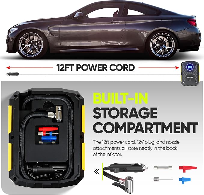 FORTEM Tire Inflator Portable Air Compressor, Air Pump for Car Tires and Bikes, Car Tire Pump w/Auto Shut Off, 150 PSI, 12V DC, LED Light, Carrying Case, Perfect For Men, Women