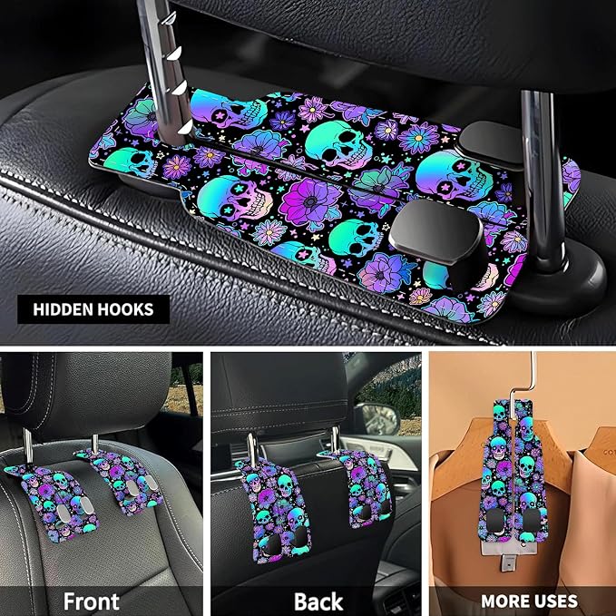 Car Seat Headrest Hook, Universal Leather Cute Hanger Holder Hook, Storage Organizer Interior Accessories for Purse Bags Handbag Purple Cute Skulls