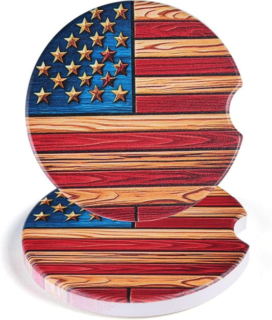 2 Pack American Flag Car Coasters for Men Women Car Cup Holder Coasters, 2.63 Inch Anti Slip Ceramic Absorbent Coaster with Cork Base and Finger Notch, Funny Car Accessories Interior