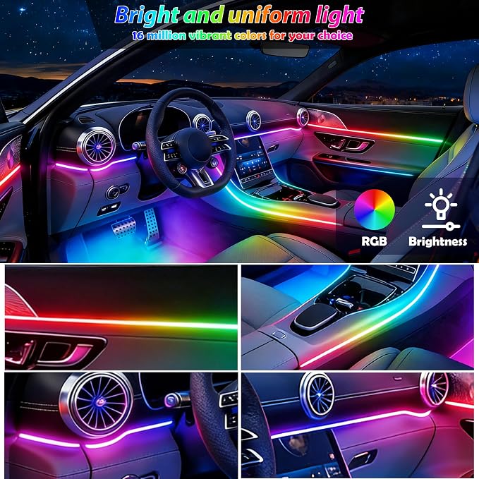 RGB-IC 6 in 1 Car Led Strip Lights, Interior Car Lights, App and Remote Control Ambient Lighting Kit with 16 Million Colors Fiber Optics&Music Sync Rhythm, USB Neon Light Accessories for Console&Door