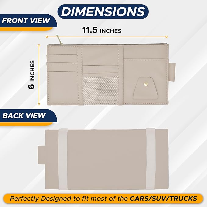 EcoNour Car Sun Visor Organizer (Beige) | Multi-Pocket Net Zipper Case for Cash, Card, Pen & Sunglass | Visor Organizer Storage Pouch | Interior Accessories with Pocket for Car & Truck | Small