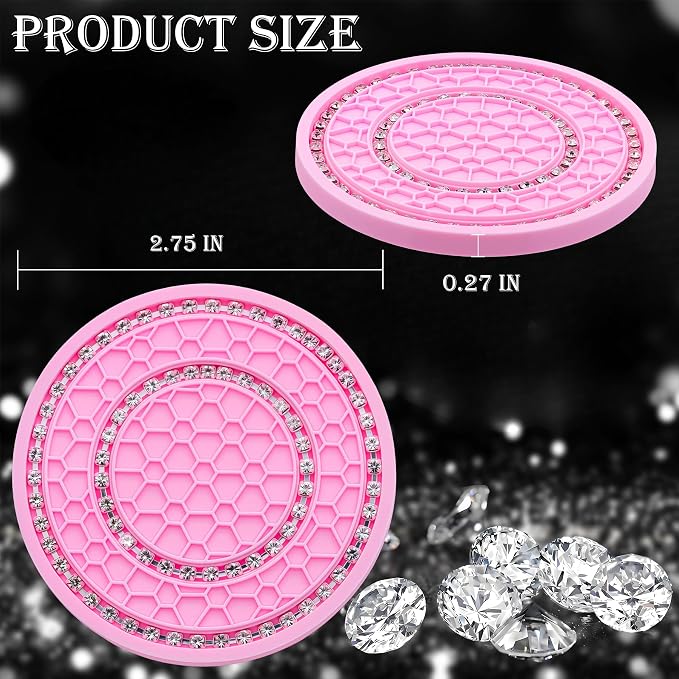 4PCS Bling Crystal Rhinestone Cup Holder Coaster, 2.75 inch Soft Silicone Anti-Slip Shockproof, Car Cup Holder Insert Coasters, Universal Car Interior Accessories for Women (Pink & White)