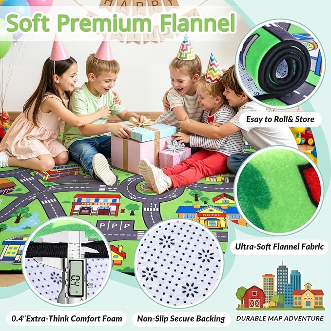 Kids Rug, 3x5 Ft City Road Play Rug for Kids | Extra Thick 0.4in Soft Non-Slip Car Carpet Play Rug with Realistic Roads for Toy Cars, Bedroom, Playroom & Nursery