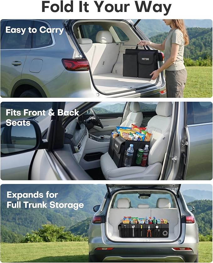 HOTOR Trunk Organizer for Car & SUV, Sturdy Car Organizer with Removable Cooler, Large Foldable Trunk Organizer with Cooler, 3 Compartments, Adjustable Straps, Black, 35.43”×14.17“×10.63”