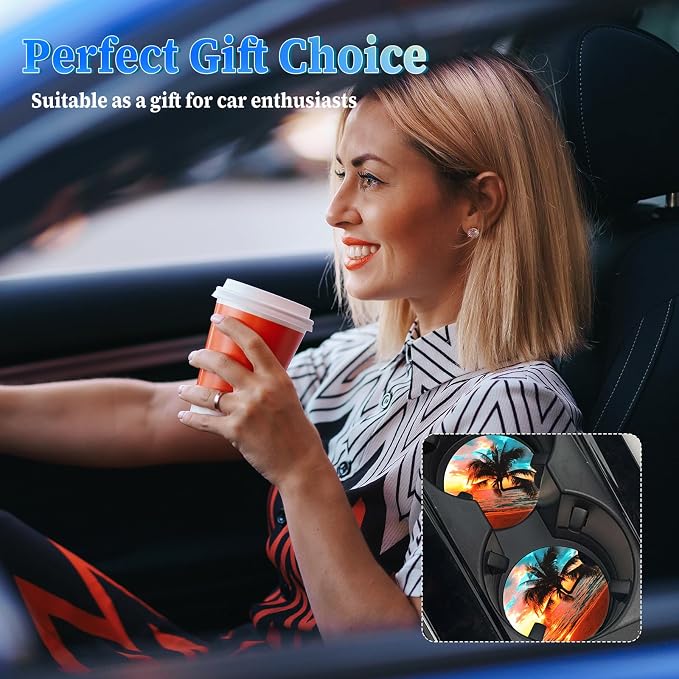Jeffdad Car Cup Holder Coasters, 2 Pack Absorbent Ceramic Coaster 2.56" Universal Ceramic Stone & Non-Scratch Cork Base Coasters Auto Accessories for Women & Men(Ocean)