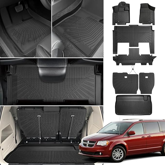 Floor Mats for Chrysler Town & Country 2008-2016(ONLY Stow'n Go) | for Dodge Grand Caravan 2008-2015 2016 -2018 2019-2021,TPE Custom Floor Liners & Seatback Mat & Cargo Liner
