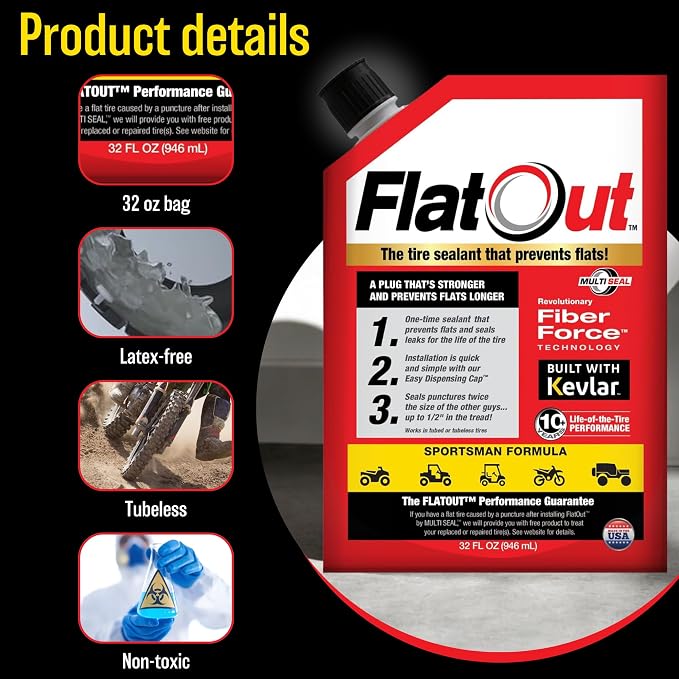 FlatOut Tire Sealant Sportsman Formula - Prevent Flat Tires, Seal Leaks, Contains Kevlar, 32-Ounce Bottle, 1-Pack…