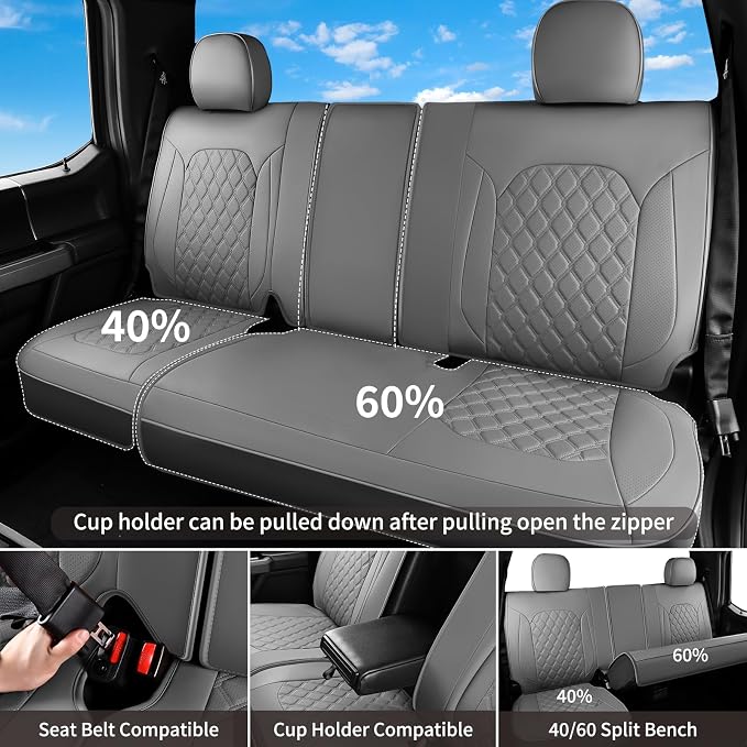 Huidasource Fit for Gray Chevy Silverado/GMC Sierra Rear Seat Covers, Thickened Split Nappa Leather Truck Back Seat Cover 2007-2013&2019-2026 1500, 2020-2026 2500HD 3500HD Crew Cab WT LS LT