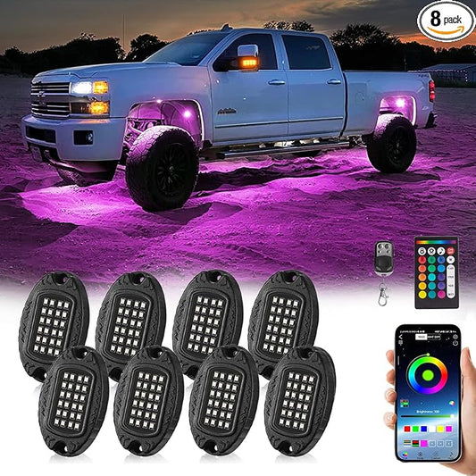 8 Pods Alloy RGB LED Rock Lights, Shockproof Heavy Duty Metal Underglow Kit for Jeep Truck Pickup Offroad ATV UTV Golf Cart, 12V Waterproof Neon Underbody Lights with APP/RF Control & Brake Signal