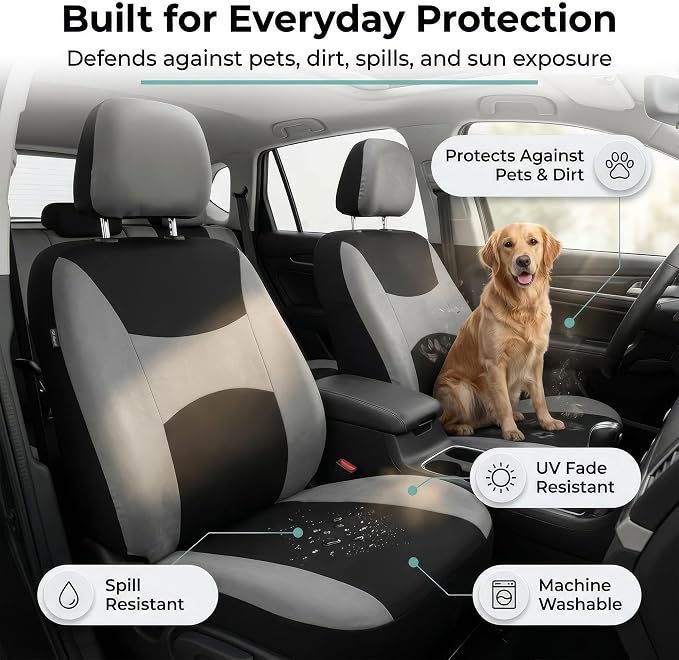 FH Group Universal Car Seat Covers Front Set for SUV Truck Sedan Vans | Waterproof All-Purpose Cloth Seat Cover Set Airbag Compatible Washable Split Bench Protector Interior Upgrade - Gray