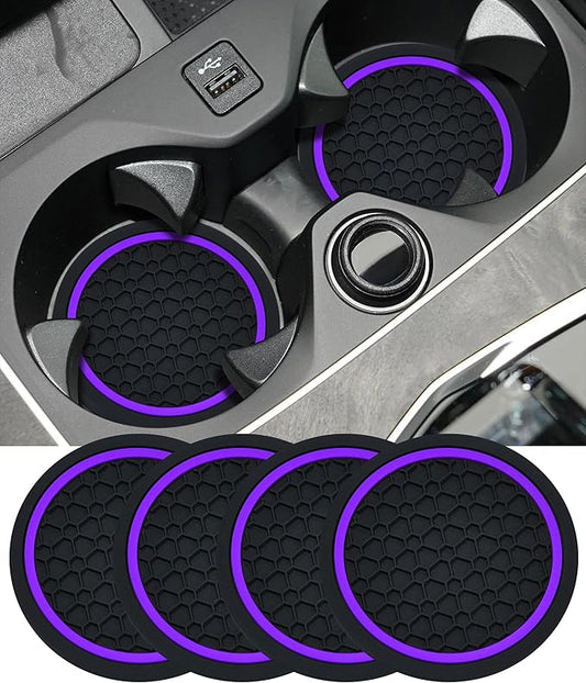 4PCS Car Coasters, Car Accessories Interior, 2.75 Inch Non-Slip PVC Coasters for Cup Holders, Universal, Black&Purple