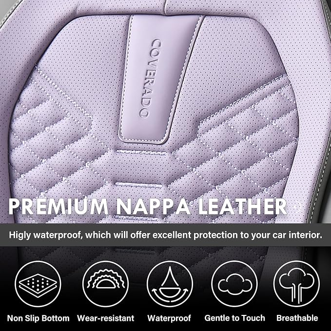 Coverado Car Seat Covers, Front Seat Cover, Waterproof Nappa Leather Seat Covers for Cars, Driver Car Seat Protectors, Gray and Purple Automotive Seat Covers Universal Fit for Most Cars