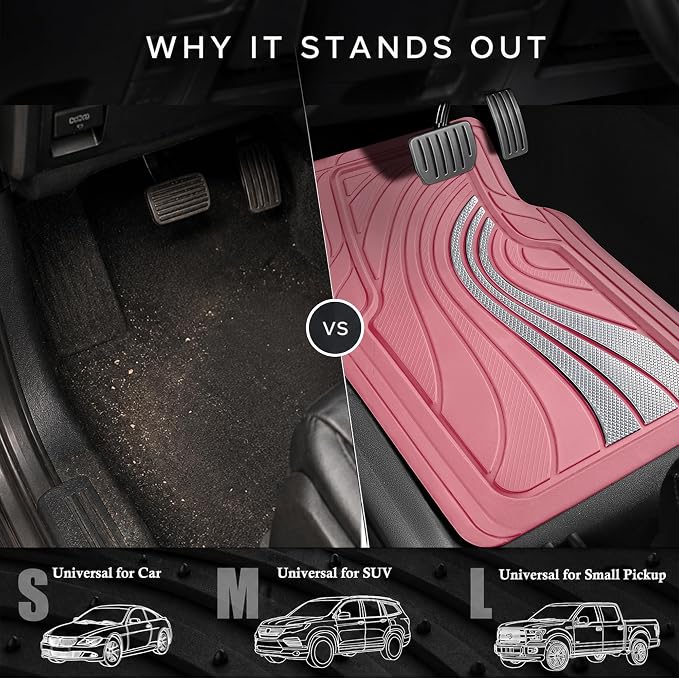 Road Comforts Car Floor Mats Full Set – Front & Rear Car Floor Mats with Aluminum Design, Anti-Slip Backing, All-Weather Protection, Trim-to-Fit Car Mats for Most Sedans, SUVs & Vans -All Pink
