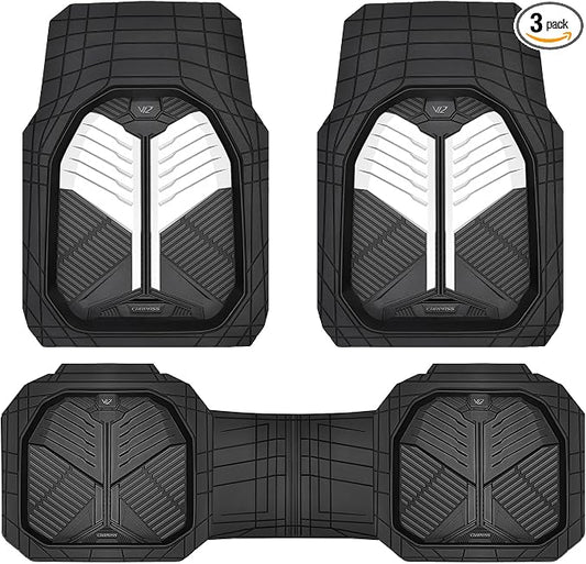 CAR PASS Heavy Duty Rubber Car Mats, Deep-Dish Car Floor Mats All Weather, Universal Two-Tone Trim-to-Fit for SUVs Trucks Sedans, Waterproof Anti-Slip, 3 Pieces V12 Black and White