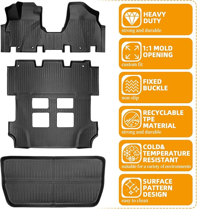Floor Mats for Honda Odyssey 2011-2017, 2016 Odyssey Floor Mats | 1st and 2nd 3rd Row & Cargo Mat, TPE Non-Slip Waterproof Summer Winter Anti-Slip Car Accessories