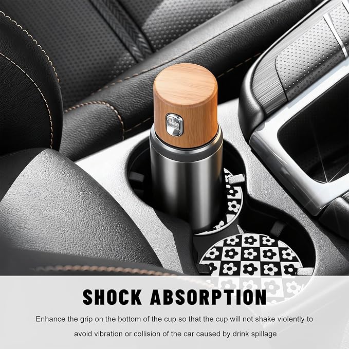 2 PCS Car Cup Coasters, 2.76 Inch Shockproof Auto Cup Holder Insert Coaster Checkered Drink Mat, Anti-Slip Waterproof Water Bottle Pad Stylish Grid Decoration for Most Vehicles (Flower)