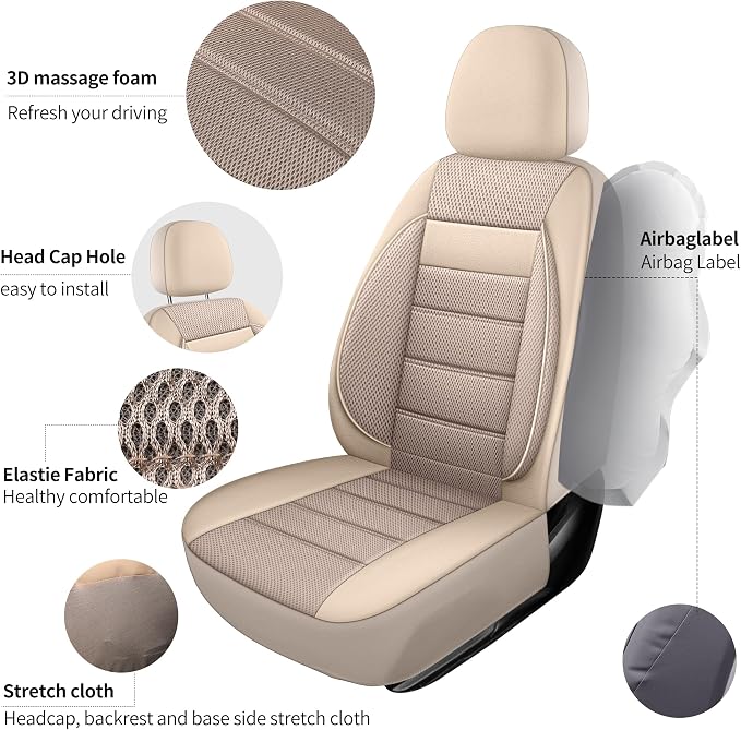 HChengkikz Car Seat Covers, Leather, 3D Foam Back Support (Beige) | Air Mesh, Airbag Compatible, Universal Fit for Most Cars, Vans, Trucks, SUVs